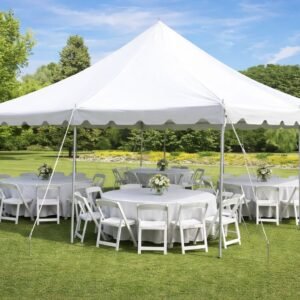 20x20 event tent rental set up for outdoor party – white canopy tent by Jumpers Texas in Katy, Fulshear, TX