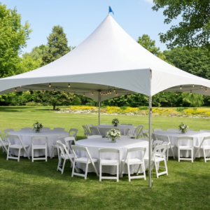 20x20 event tent rental set up for outdoor party – white canopy tent by Jumpers Texas in Katy, Fulshear, TX