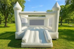 white bounce house with slide inflatable rental at outdoor party – Jumpers Texas party rentals in Katy TX