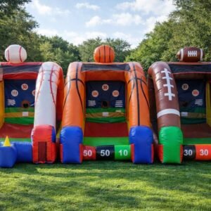 Inflatable sports game rental with baseball, basketball and football challenges in Katy Texas by licensed and insured party rental company