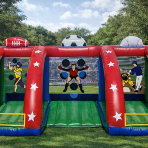 Inflatable sports game rental with baseball, basketball and football challenges in Katy Texas by licensed and insured party rental company