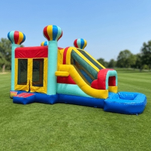 Angled view of Balloon Bounce House Combo set up on grass – party rentals in Katy and Fulshear TX
