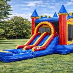 Water Slide Rentals in Katy & Fulshear, TX Mini double lane multicolor inflatable water slide bounce house combo rental for kids birthday parties in Katy and Fulshear TX