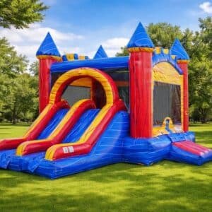 Bounce House & Combo Rentals in Katy & Fulshear, TX Mini double lane multicolor bounce house combo with slide rental for kids birthday parties in Katy and Fulshear TX